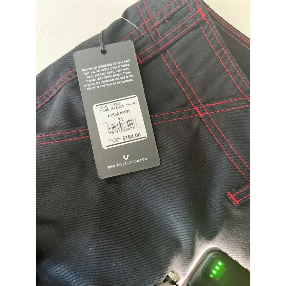 True Religion Cargo Pants, Jet Black With Red Stitching Men’s 34X32 NWT
